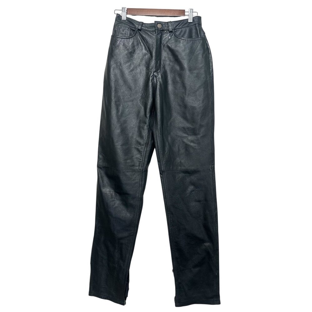 Vintage Bagatelle Real Leather Straight Leg Pants Women 4 Black Biker Rodeo FLAW - Picture 1 of 13